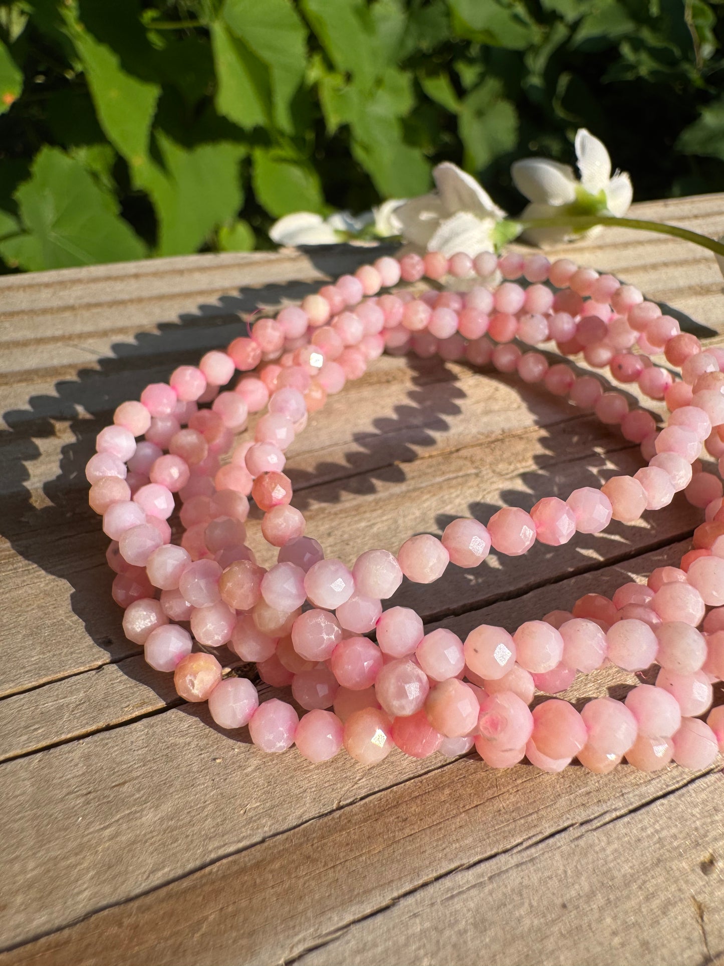 4mm Faceted Natural Pink Opal 7.5”Crystal Bracelet