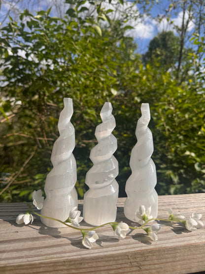 Satin Spar Selenite Spiral Tower