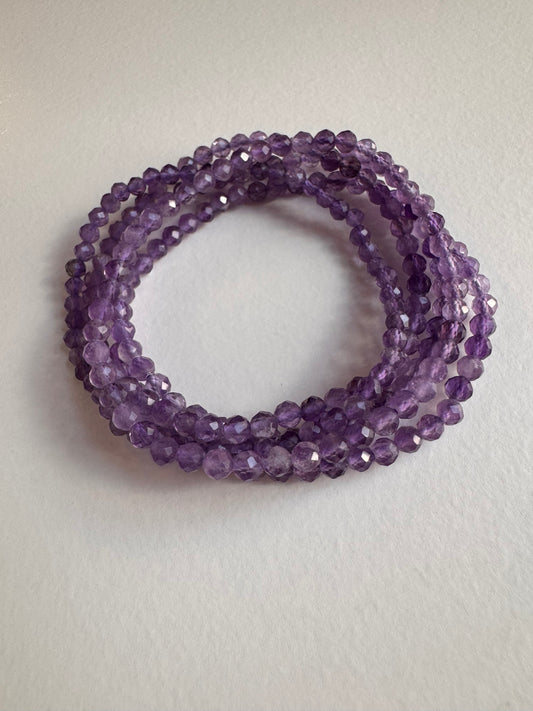Natural Amethyst 4mm Faceted 7.5”Stretch Crystal Bracelet