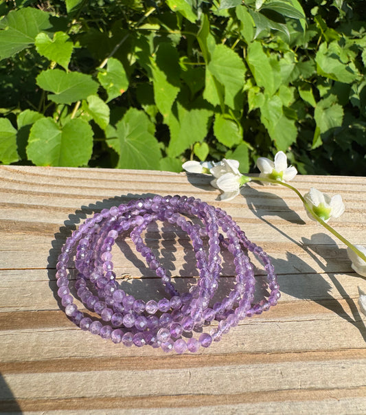 Natural Amethyst 4mm Faceted 7.5”Crystal Braceler