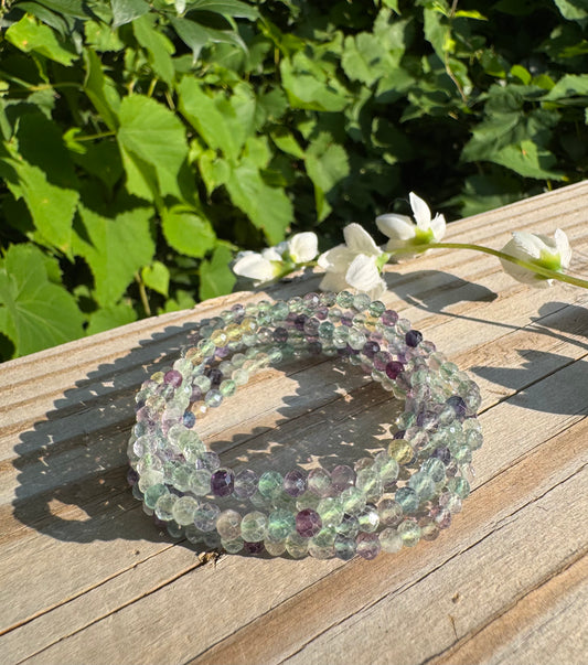 Natural Faceted Fluorite 4mm 7.5” Stretch Crystal Bracelet
