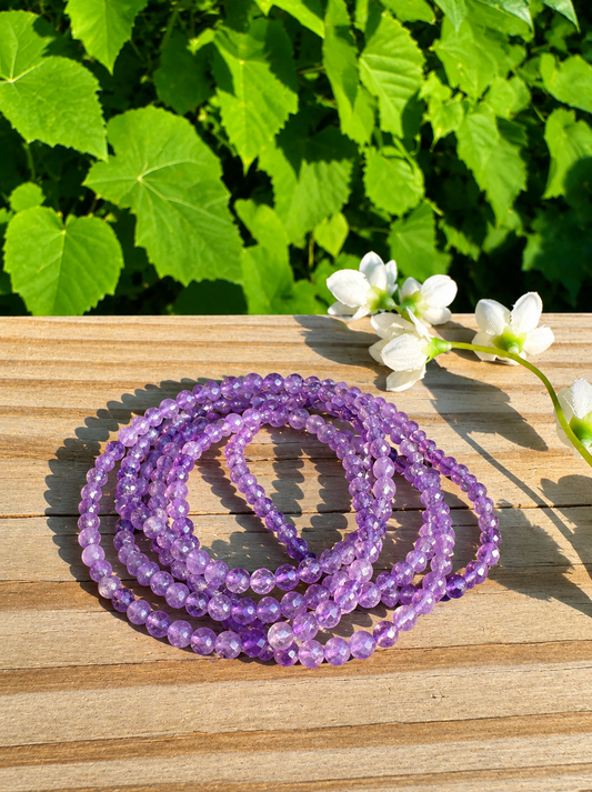 Natural Amethyst 4mm Faceted 7.5”Stretch Crystal Bracelet