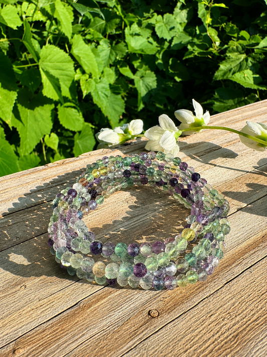 Natural Faceted Fluorite 4mm 7.5” Stretch Crystal Bracelet